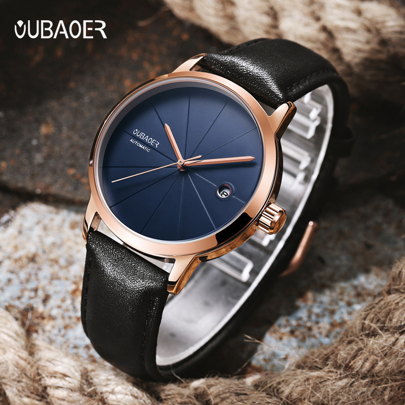 OUBAOER Muški sat s kožnim remenom, automatski mehanički pokret, 41 mm brojčanik, vodootpornost 30 m, kalendar, OB2025B
