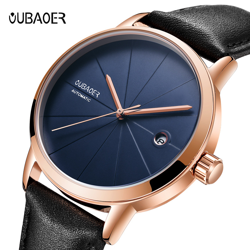 OUBAOER Muški sat s kožnim remenom, automatski mehanički pokret, 41 mm brojčanik, vodootpornost 30 m, kalendar, OB2025B