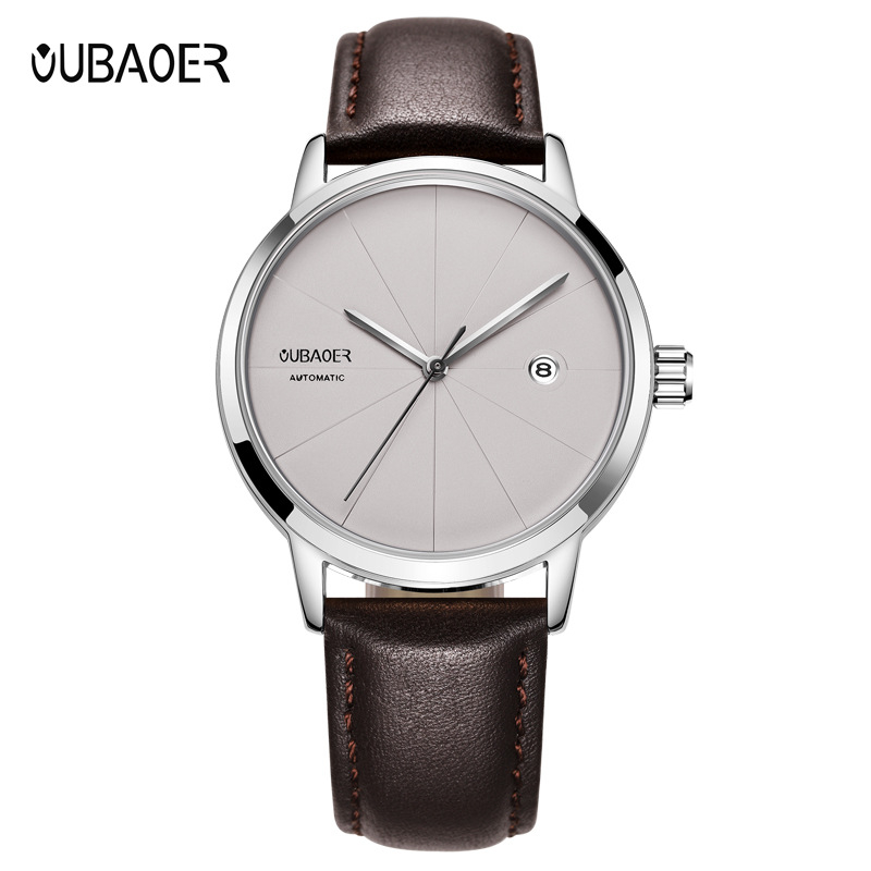OUBAOER Muški sat s kožnim remenom, automatski mehanički pokret, 41 mm brojčanik, vodootpornost 30 m, kalendar, OB2025B