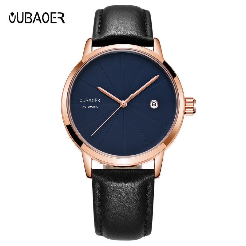 OUBAOER Muški sat s kožnim remenom, automatski mehanički pokret, 41 mm brojčanik, vodootpornost 30 m, kalendar, OB2025B