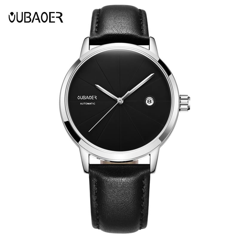 OUBAOER Muški sat s kožnim remenom, automatski mehanički pokret, 41 mm brojčanik, vodootpornost 30 m, kalendar, OB2025B
