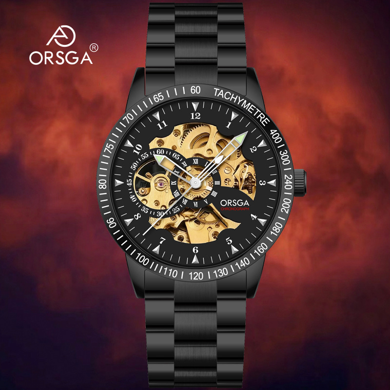 Orsga skeletni mehanički muški sat, model 9045g, brojčanik 43 mm, automat, remen od nehrđajućeg čelika, vodootpornost 30 m
