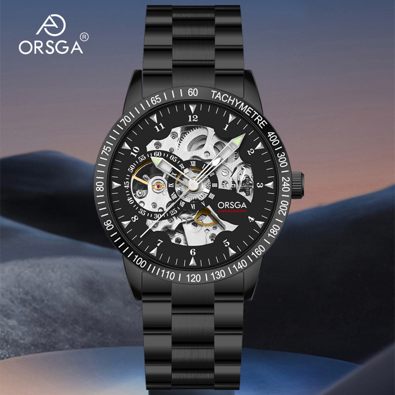 Orsga skeletni mehanički muški sat, model 9045g, brojčanik 43 mm, automat, remen od nehrđajućeg čelika, vodootpornost 30 m