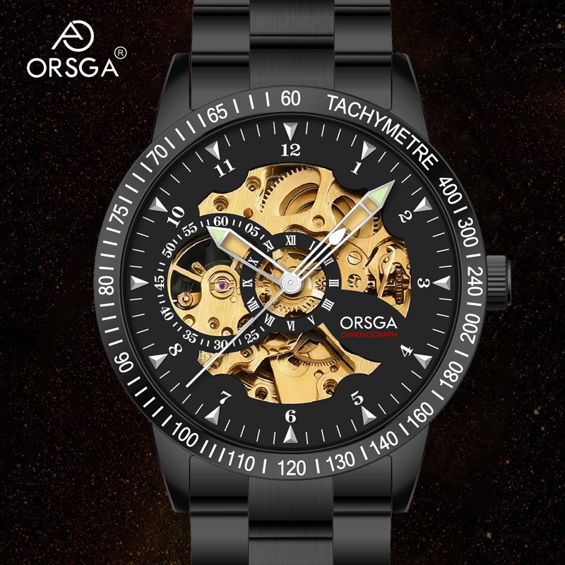Orsga skeletni mehanički muški sat, model 9045g, brojčanik 43 mm, automat, remen od nehrđajućeg čelika, vodootpornost 30 m