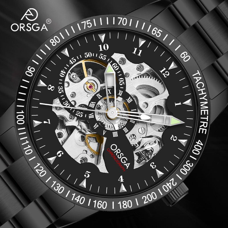 Orsga skeletni mehanički muški sat, model 9045g, brojčanik 43 mm, automat, remen od nehrđajućeg čelika, vodootpornost 30 m
