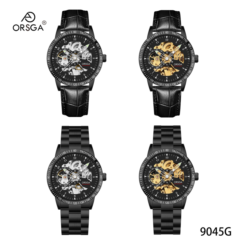 Orsga skeletni mehanički muški sat, model 9045g, brojčanik 43 mm, automat, remen od nehrđajućeg čelika, vodootpornost 30 m