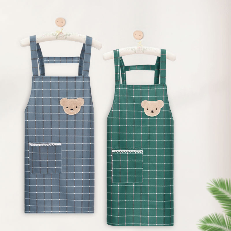 Unisex kuhinjska pregača, vodootporna i otporna na prljavštinu, bez rukava, za kućnu upotrebu, s crtić motivom, od slub pamuka, karirani uzorak, korejski stil
