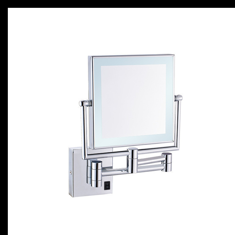 Négyszögletes, kettős oldalú LED világítású sminktükör, egyik oldal normál, a másik nagyító; összecsukható és teleszkópos, 360° nagyítás.
