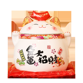 Keramički Maneki-Neko s zatvorenim posudom – stolna dekoracija