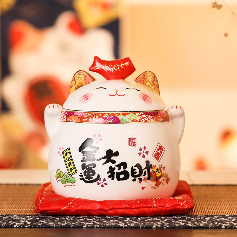 Keramički Maneki-Neko s zatvorenim posudom – stolna dekoracija