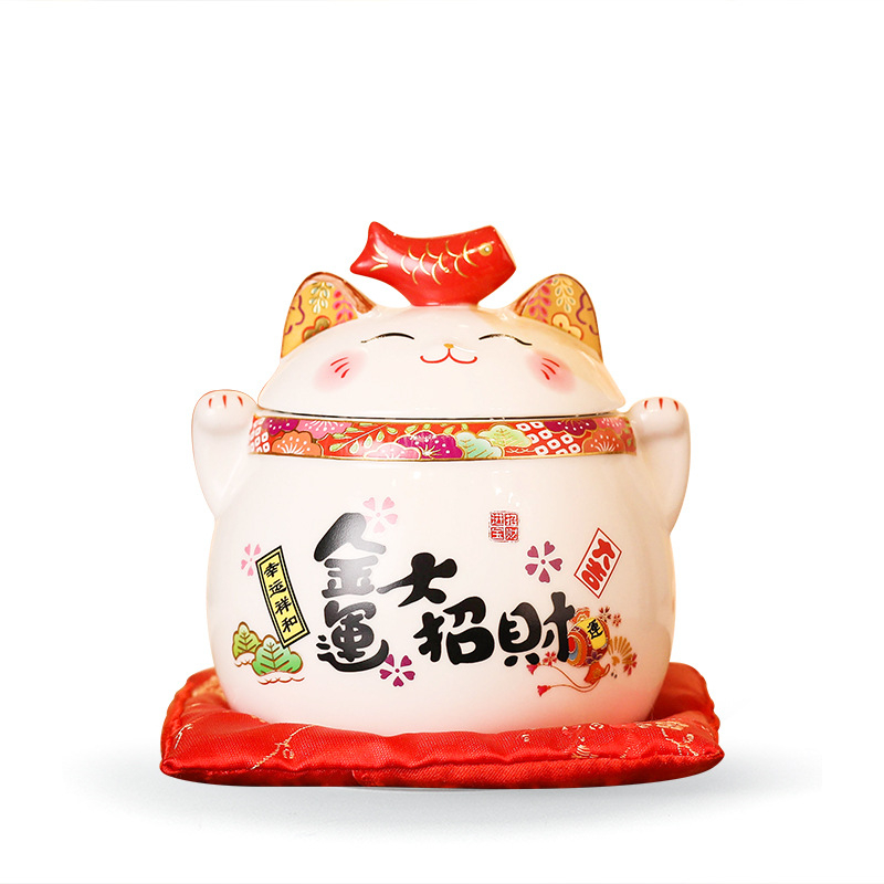 Keramički Maneki-Neko s zatvorenim posudom – stolna dekoracija