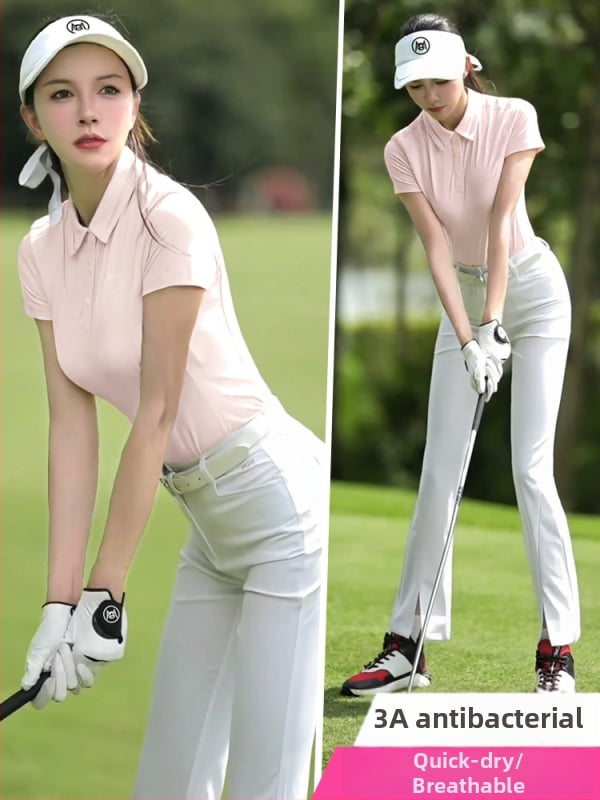 PGM dámske golfové oblečenie: priedušný krátky polo top a nohavice s mikro rozšírením a rozparkom, jarný set
