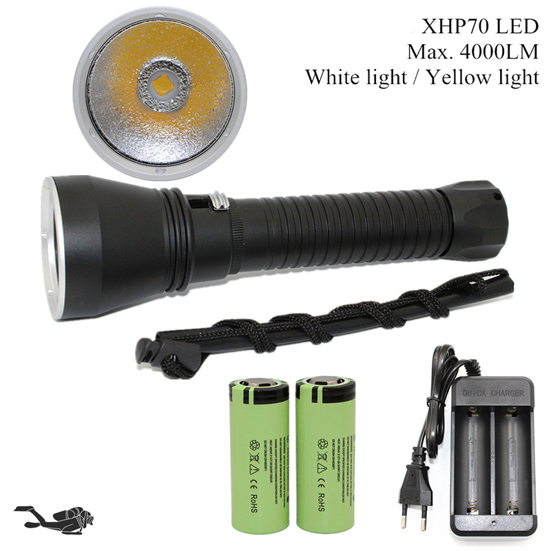 Lanternă LED XHP70 pentru scufundări, lumină galbenă și albă, 26650 reîncărcabilă, control magnetic, reglaj continuu al intensității