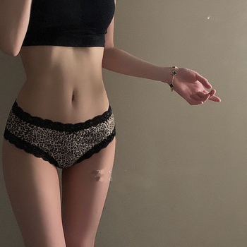 Seksi čipkaste ženske gaćice s leopard printom, antibakterijska pamuk unutrašnja podstava, niski struk, trokutaste gaćice, ice-silk tkanina