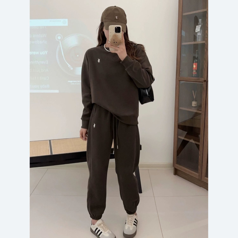 Ženski dvodijelni set: hoodie i hlače s izvezenim konjićem, plus veličina, opušten kroj, casual stil, fleece podstava, deblji.
