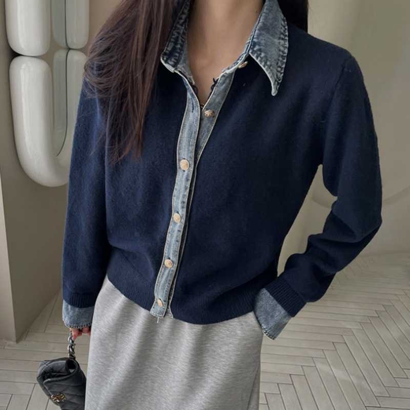 Női kötött kardigán denim panellel, karcsúsító hatás, lazán elegáns stílusban, őszi-téli 2025