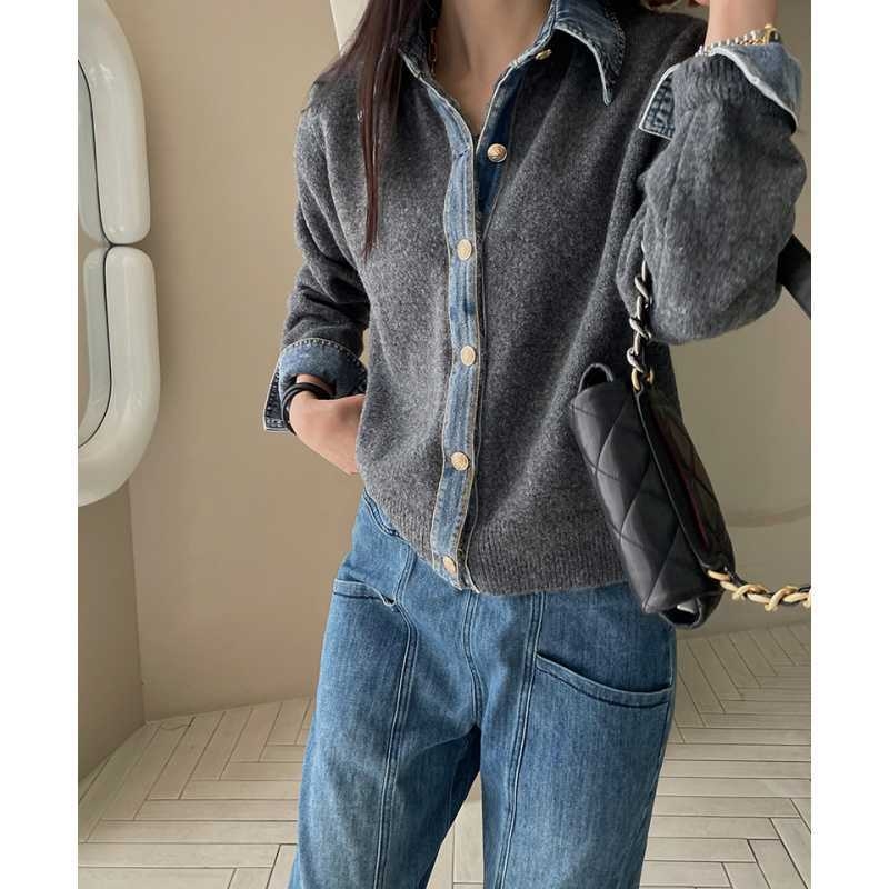 Női kötött kardigán denim panellel, karcsúsító hatás, lazán elegáns stílusban, őszi-téli 2025