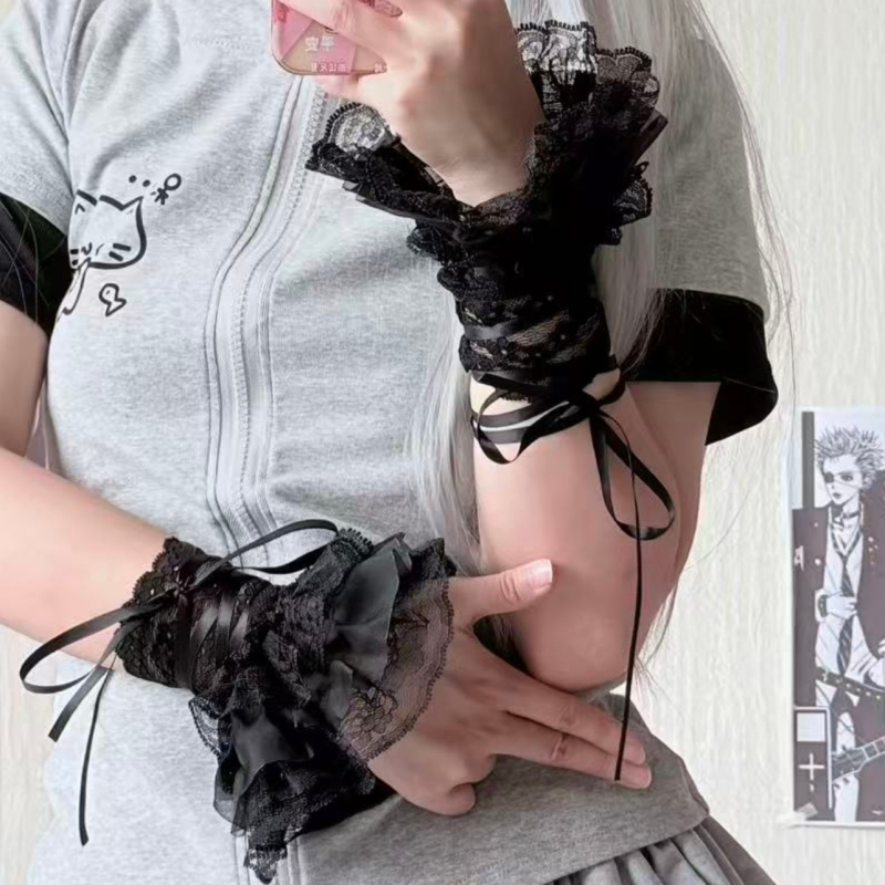 Lolita rukavice baletnog stila s čipkastim manžetama i mašnicom, bijele, tanke, ljeto, seksi, s čipkastim vezivanjem