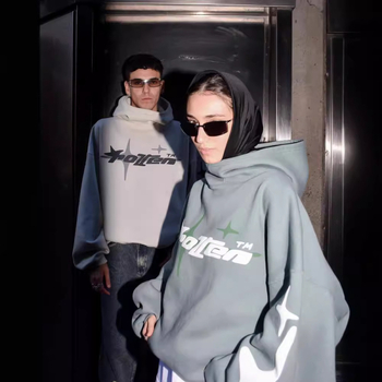 Američki street style udoban hoodie s kapuljačom za muškarce i žene, Y2K print zvijezda i slova, casual dizajn s visokim ovratnikom, poliester-spandeks mješavina