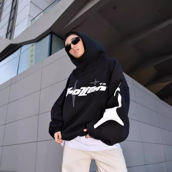 Američki street style udoban hoodie s kapuljačom za muškarce i žene, Y2K print zvijezda i slova, casual dizajn s visokim ovratnikom, poliester-spandeks mješavina