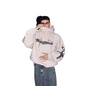 Američki street style udoban hoodie s kapuljačom za muškarce i žene, Y2K print zvijezda i slova, casual dizajn s visokim ovratnikom, poliester-spandeks mješavina
