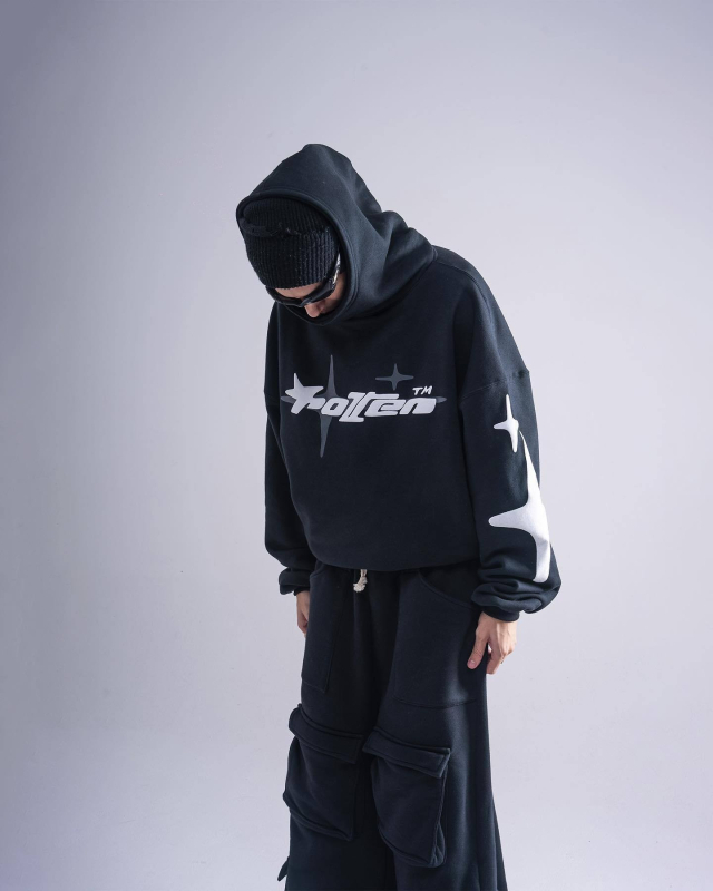 Američki street style udoban hoodie s kapuljačom za muškarce i žene, Y2K print zvijezda i slova, casual dizajn s visokim ovratnikom, poliester-spandeks mješavina