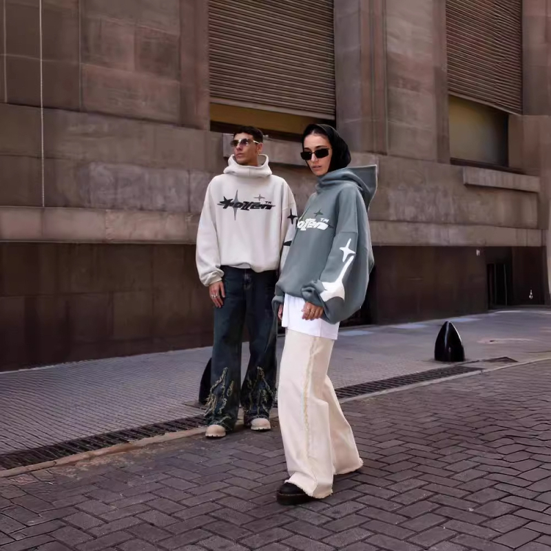 Američki street style udoban hoodie s kapuljačom za muškarce i žene, Y2K print zvijezda i slova, casual dizajn s visokim ovratnikom, poliester-spandeks mješavina