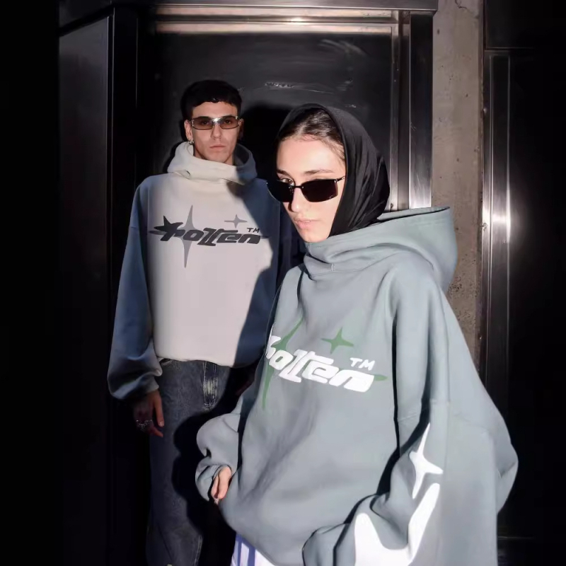 Američki street style udoban hoodie s kapuljačom za muškarce i žene, Y2K print zvijezda i slova, casual dizajn s visokim ovratnikom, poliester-spandeks mješavina