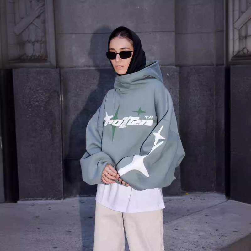 Američki street style udoban hoodie s kapuljačom za muškarce i žene, Y2K print zvijezda i slova, casual dizajn s visokim ovratnikom, poliester-spandeks mješavina