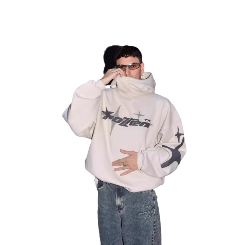 Američki street style udoban hoodie s kapuljačom za muškarce i žene, Y2K print zvijezda i slova, casual dizajn s visokim ovratnikom, poliester-spandeks mješavina