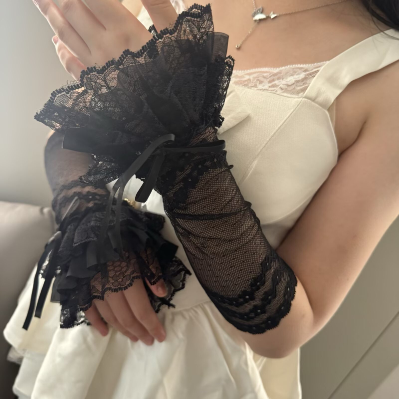 Japanski stil mrežaste čipkaste rukavice s mašnicom i čipkastim rukavima, Lolita moda