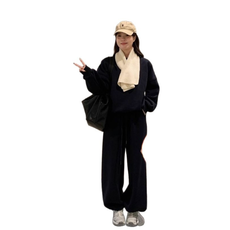 Ženski sportski komplet u korejskom stilu od debelog fleecea, udoban sweatshirt s okruglim izrezom i hlače, dva dijela