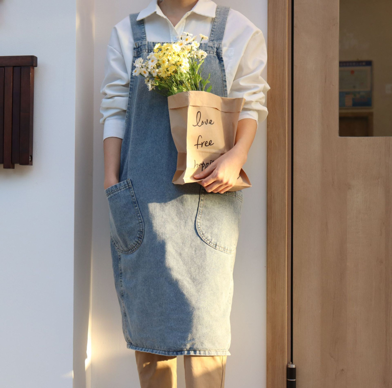 Kuhinjska pregača u japanskom stilu, pamuk-kanvas, oprani denim efekt, bez rukava, jednobojna, jedna veličina