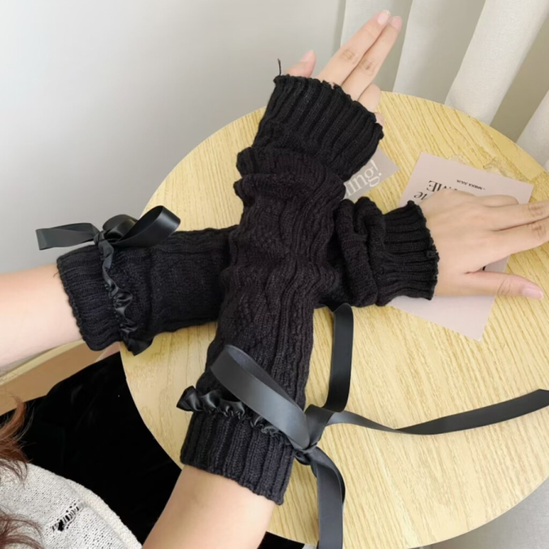 Slatke narukvice za ruke s mašnicom, tople pletene rukavice bez prstiju, japanski stil