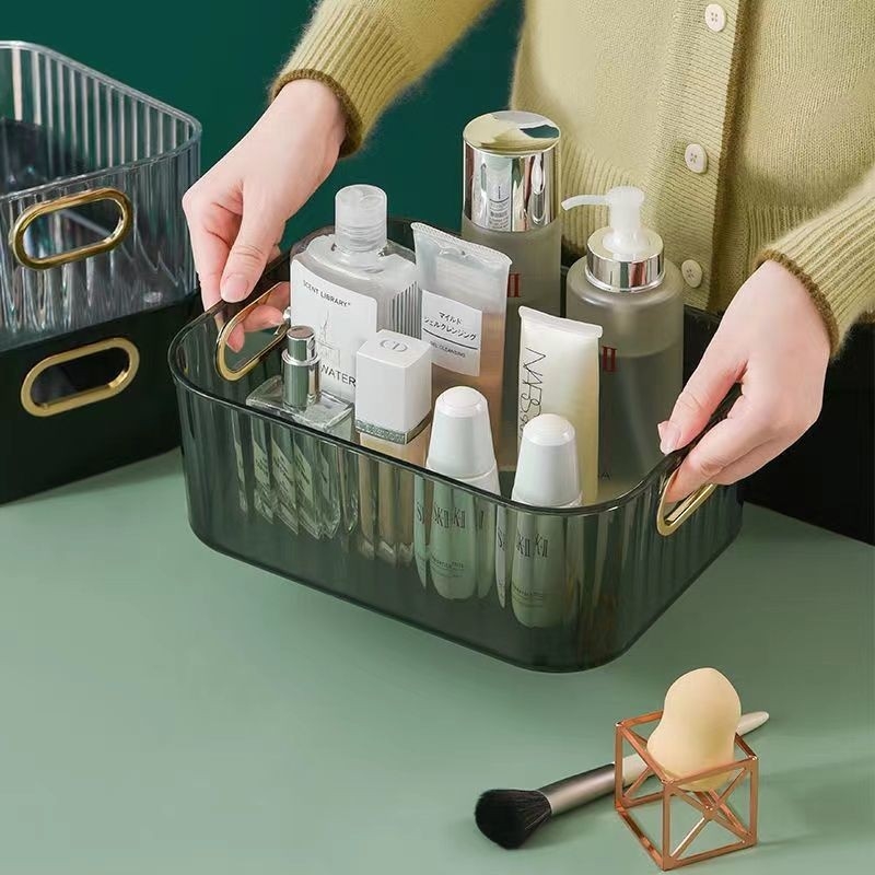 Akril sminkorganizer kozmetikumok és arcmaszkok számára, egyszínű tároló doboz, könnyű luxus stílus, méretek 27×21×10 cm