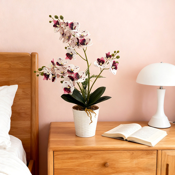 Umjetna Phalaenopsis orhideja u posudi od ratana i kamena, 21 cvjetova, dekorativni bonsai za dom i ured