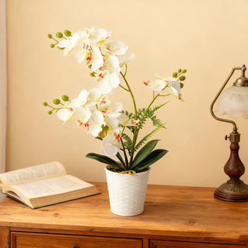 Umjetna Phalaenopsis orhideja u posudi od ratana i kamena, 21 cvjetova, dekorativni bonsai za dom i ured