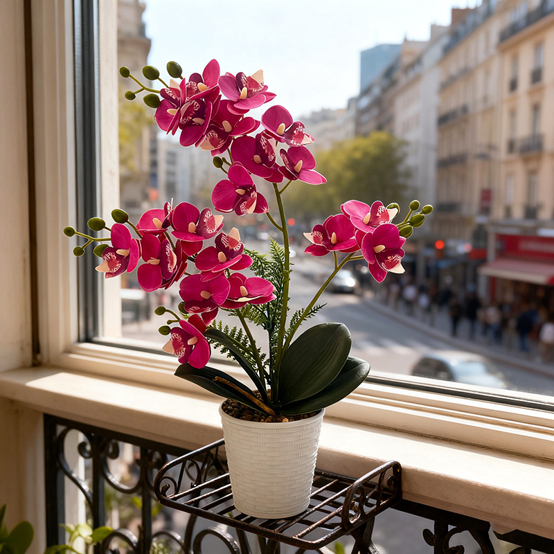 Umjetna Phalaenopsis orhideja u posudi od ratana i kamena, 21 cvjetova, dekorativni bonsai za dom i ured