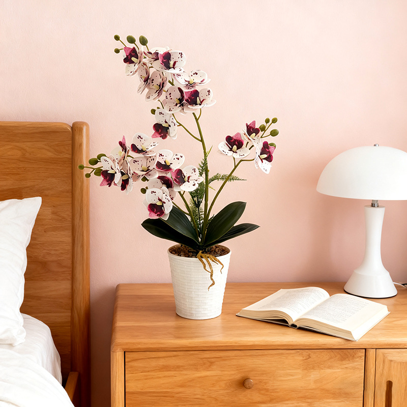 Umjetna Phalaenopsis orhideja u posudi od ratana i kamena, 21 cvjetova, dekorativni bonsai za dom i ured