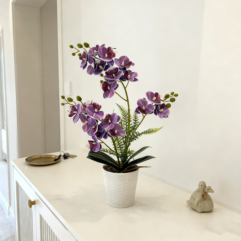 Umjetna Phalaenopsis orhideja u posudi od ratana i kamena, 21 cvjetova, dekorativni bonsai za dom i ured