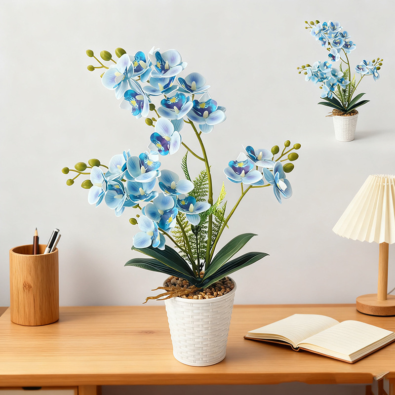 Umjetna Phalaenopsis orhideja u posudi od ratana i kamena, 21 cvjetova, dekorativni bonsai za dom i ured