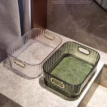 PET kutija za kozmetiku na stolnu površinu s akrilnim završetkom, svestran organizator za kozmetiku, odjeću i sitnice, dimenzije 27×20×10 cm.