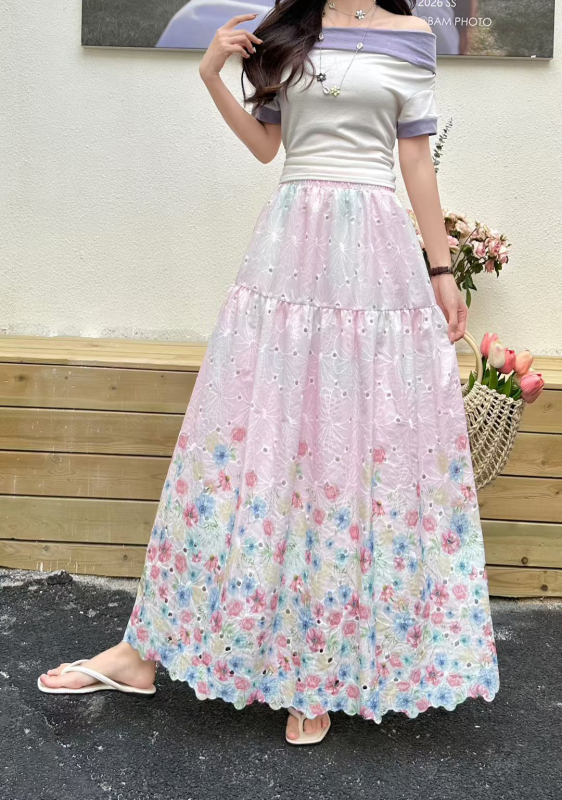 Korejski stil – elegantna i romantična cvjetna midi suknja za proljeće, slobodan kroj, laskajući siluetu.