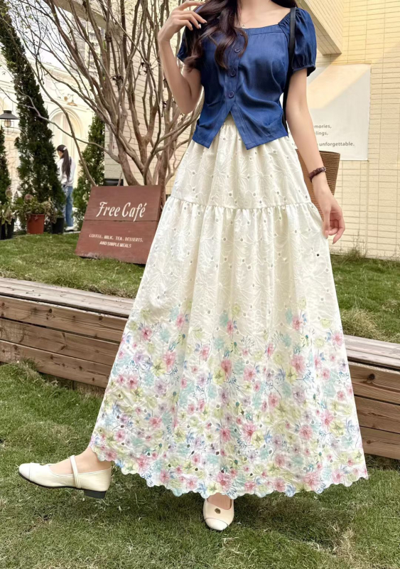 Korejski stil – elegantna i romantična cvjetna midi suknja za proljeće, slobodan kroj, laskajući siluetu.