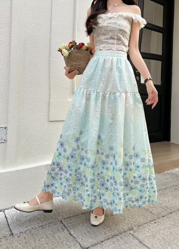 Korejski stil – elegantna i romantična cvjetna midi suknja za proljeće, slobodan kroj, laskajući siluetu.