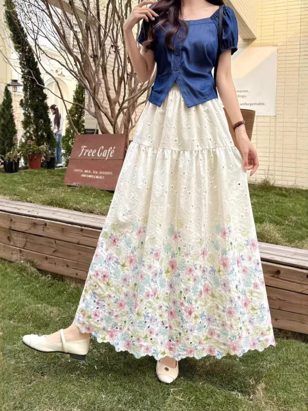 Korejski stil – elegantna i romantična cvjetna midi suknja za proljeće, slobodan kroj, laskajući siluetu.