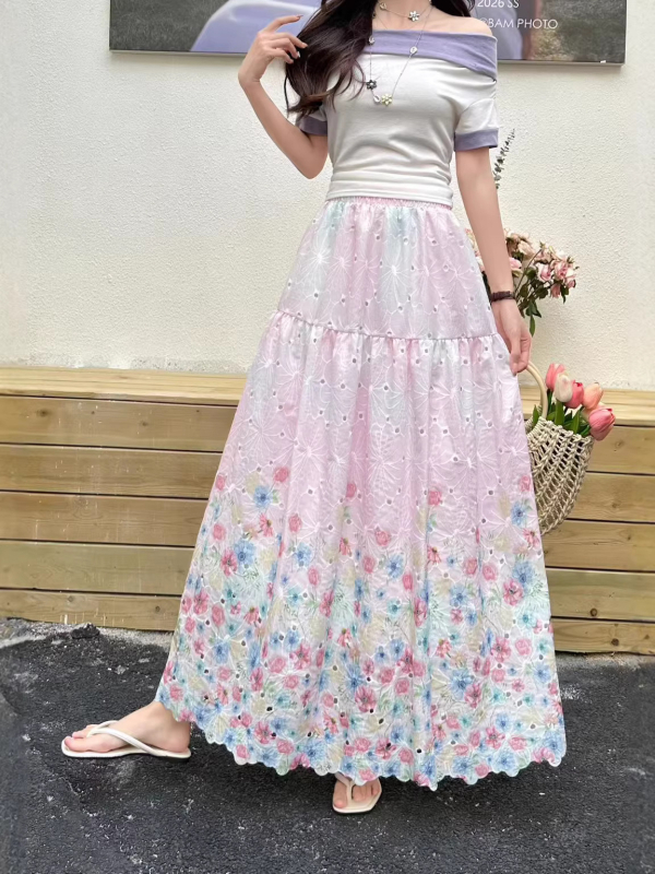 Korejski stil – elegantna i romantična cvjetna midi suknja za proljeće, slobodan kroj, laskajući siluetu.