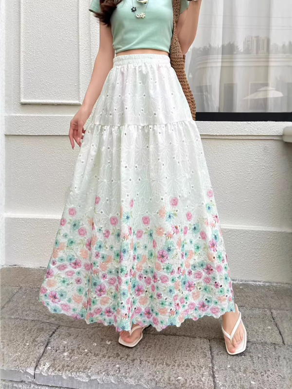 Korejski stil – elegantna i romantična cvjetna midi suknja za proljeće, slobodan kroj, laskajući siluetu.