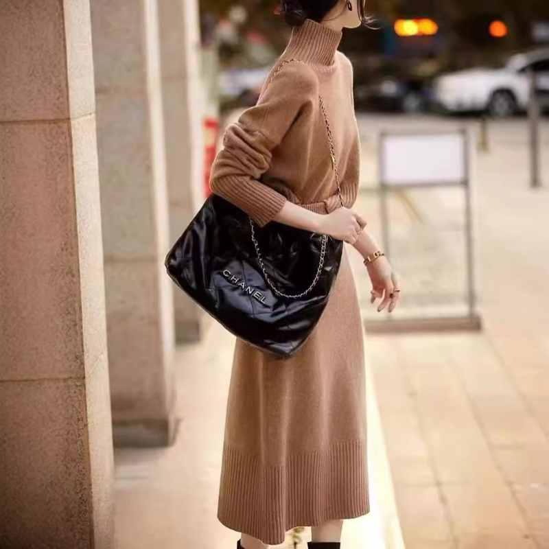 Elegantni ženski pleteni set za jesen-zimu, plus veličina: jednobojni džemper s visokim ovratnikom i dugačka bodycon suknja, dvodijelni set