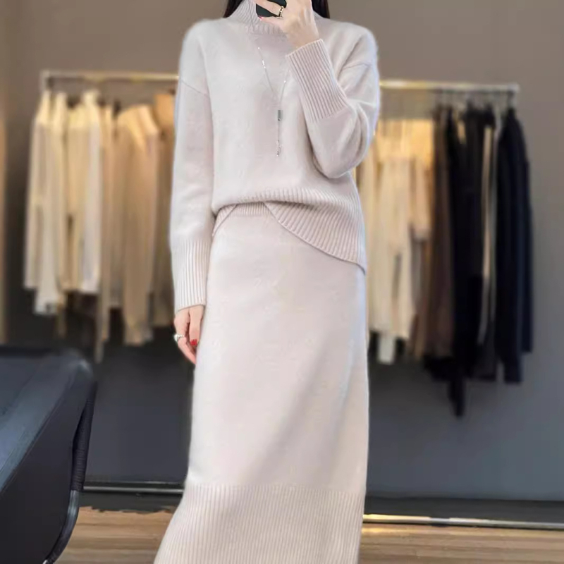 Elegantni ženski pleteni set za jesen-zimu, plus veličina: jednobojni džemper s visokim ovratnikom i dugačka bodycon suknja, dvodijelni set